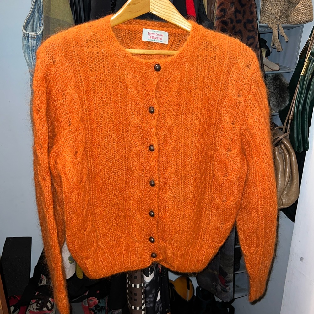 70s-80s United Colors of Benetton Mohair Cardigan, Cable Knit, Copper Buttons